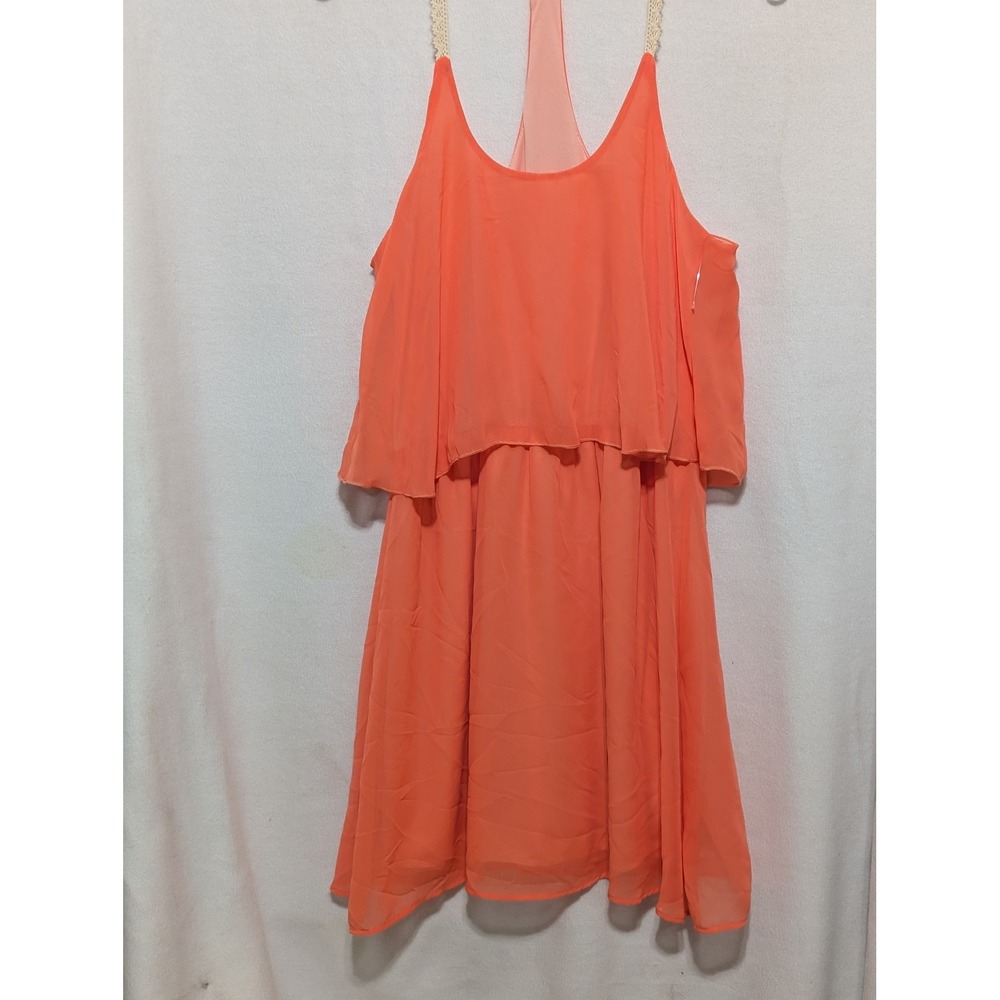Millibon USA Coral Orange Tiered Popover Racerback Dress Crochet Lace Trim M